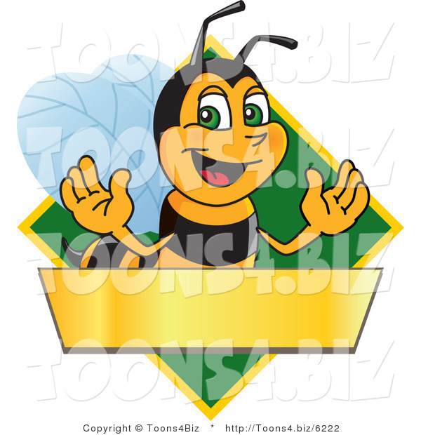 Vector Illustration of a Worker Bee Mascot Logo Mascot over a Blank Banner on a Green Diamond