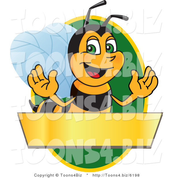 Vector Illustration of a Worker Bee Mascot Logo Mascot over a Blank Banner on a Green Oval