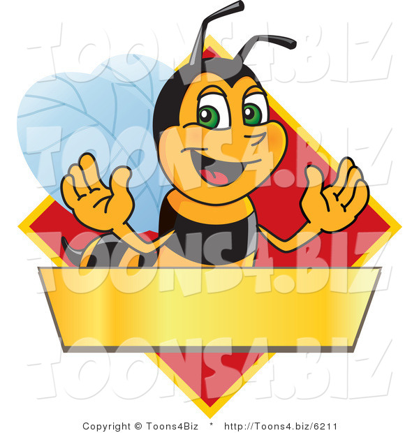 Vector Illustration of a Worker Bee Mascot Logo Mascot over a Blank Banner on a Red Diamond