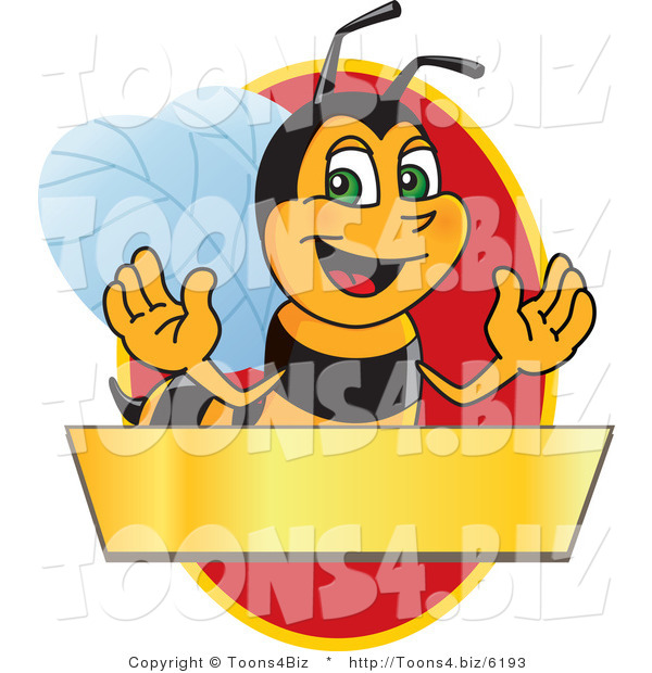 Vector Illustration of a Worker Bee Mascot Logo Mascot over a Blank Banner on a Red Oval