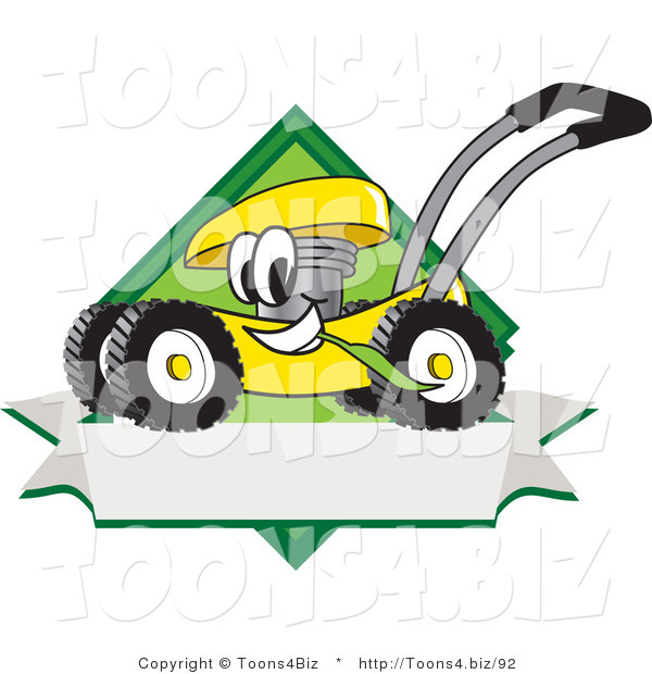 Vector Illustration of a Yellow Cartoon Lawn Mower Mascot Chewing Grass on a Blank Ribbon Label