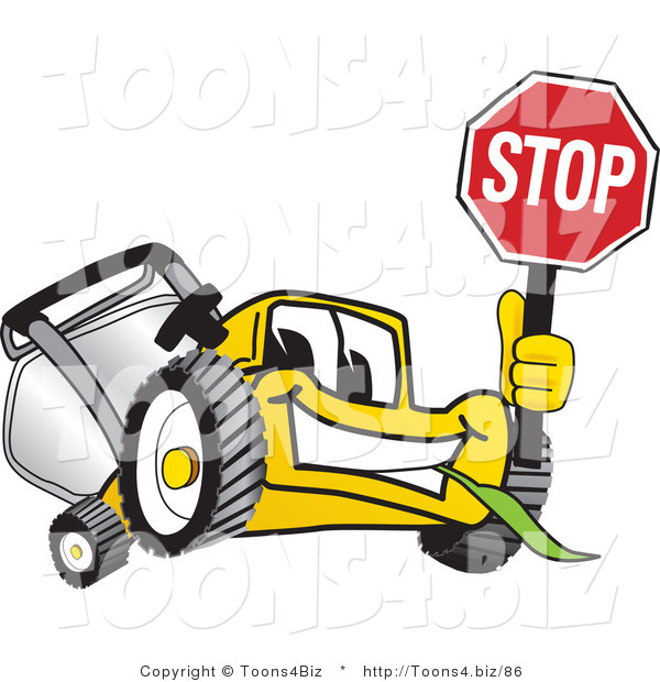 Vector Illustration of a Yellow Cartoon Lawn Mower Mascot Facing Front and Holding a Stop Sign