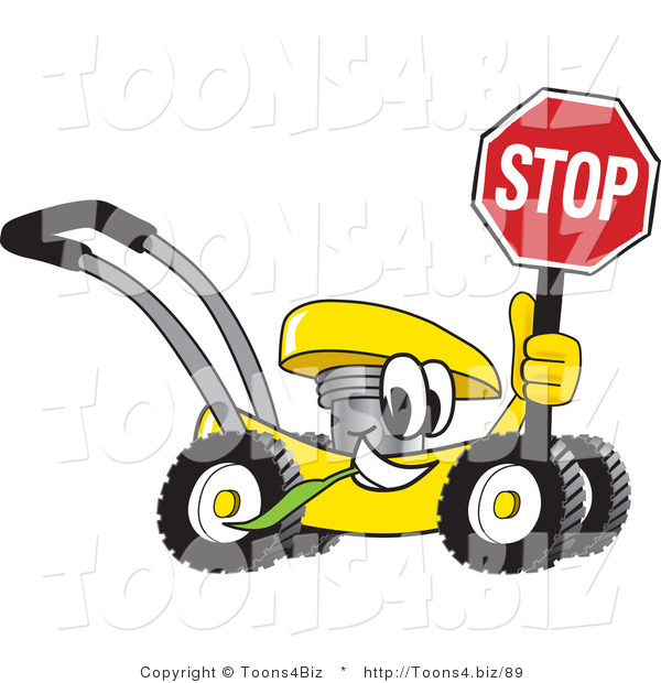 Vector Illustration of a Yellow Cartoon Lawn Mower Mascot Holding a Stop Sign