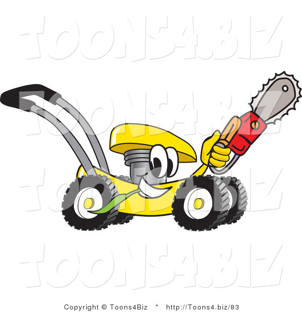 Vector Illustration of a Yellow Cartoon Lawn Mower Mascot Passing by and Carrying a Saw