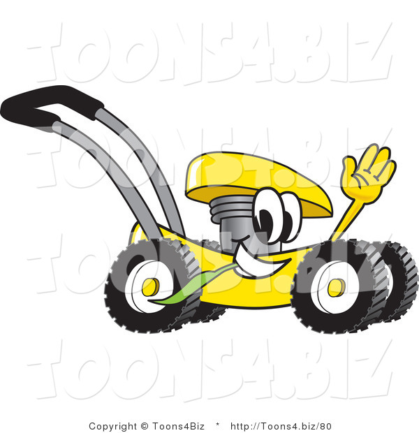 Vector Illustration of a Yellow Cartoon Lawn Mower Mascot Passing by and Waving