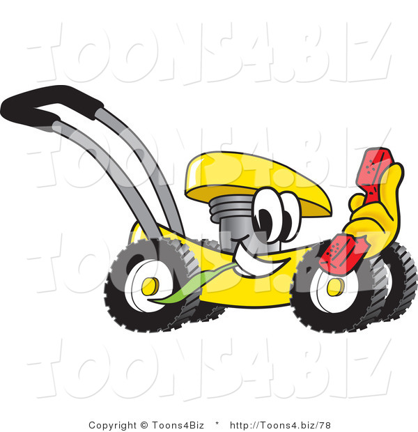 Vector Illustration of a Yellow Cartoon Lawn Mower Mascot Passing by with a Red Telephone