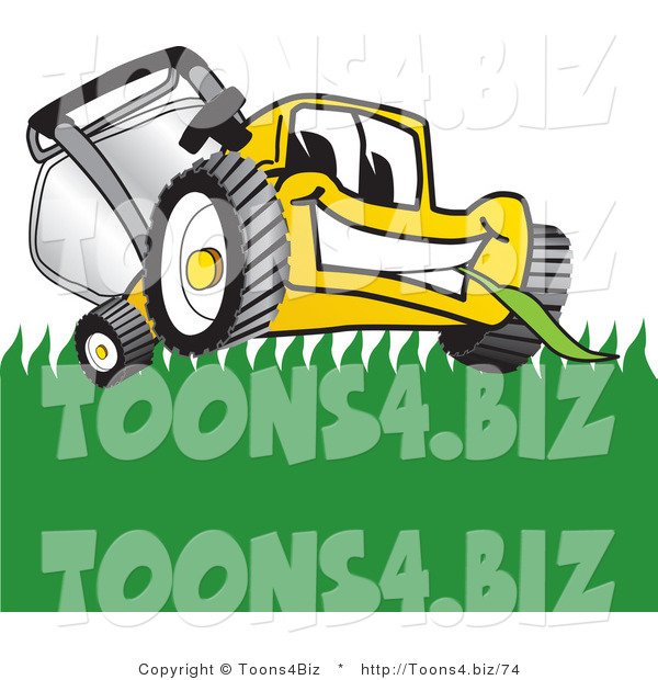 Vector Illustration of a Yellow Cartoon Lawn Mower Mascot Smiling and Chewing on Grass