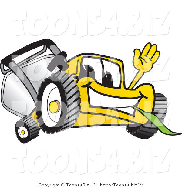 Vector Illustration of a Yellow Cartoon Lawn Mower Mascot Waving and Eating Grass