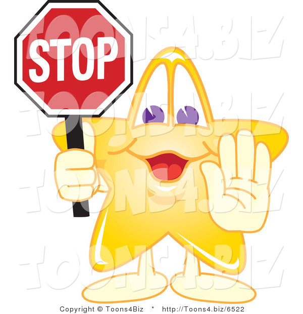 Vector Illustration of a Yellow Cartoon Star Mascot Holdin a Stop Sign