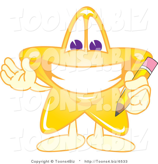 Vector Illustration of a Yellow Cartoon Star Mascot Holding a Pencil