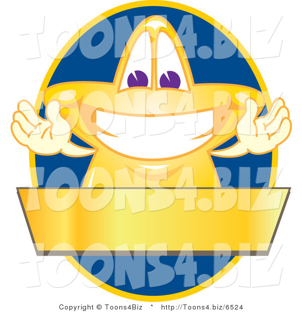 Vector Illustration of a Yellow Cartoon Star Mascot Logo over a Blue Oval and Blank Gold Banner