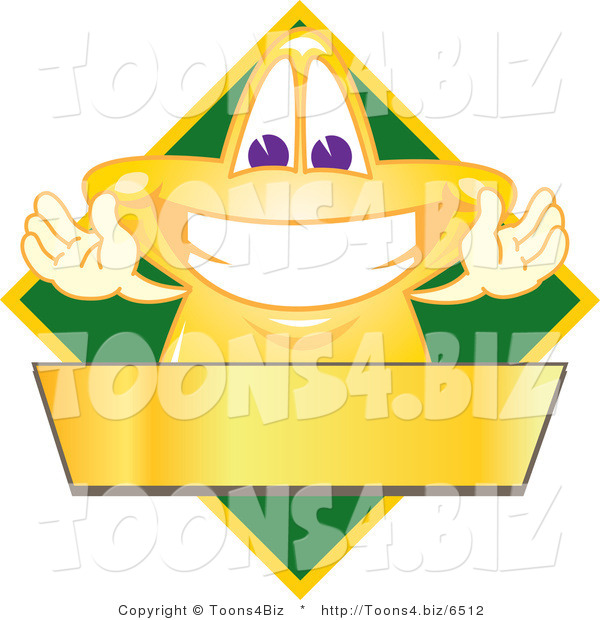 Vector Illustration of a Yellow Cartoon Star Mascot Logo over a Green Diamond and Blank Gold Banner