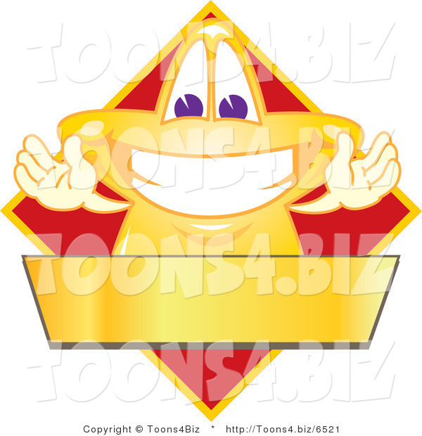 Vector Illustration of a Yellow Cartoon Star Mascot Logo over a Red Diamond and Blank Gold Banner