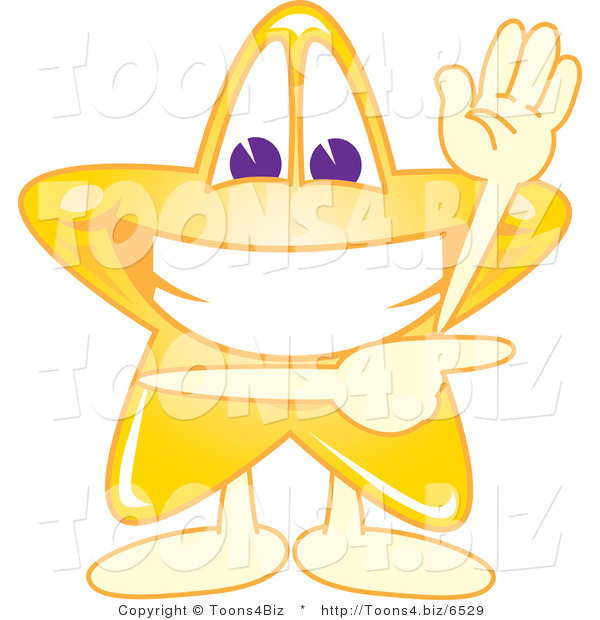 Vector Illustration of a Yellow Cartoon Star Mascot Waving and Pointing