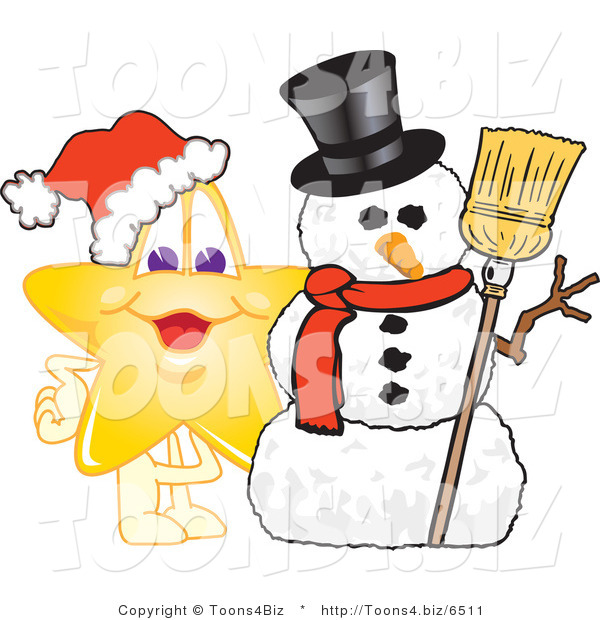 Vector Illustration of a Yellow Cartoon Star Mascot with a Snowman