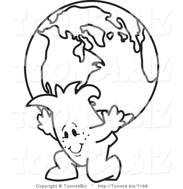 Vector Illustration of an Outlined Cartoon Character Atlas Carrying a Globe