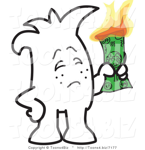 Vector Illustration of an Outlined Cartoon Character Burning Money