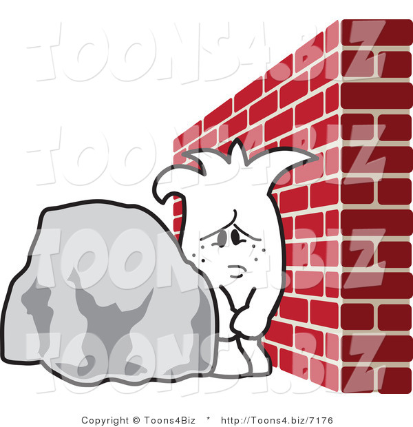 Vector Illustration of an Outlined Cartoon Character Stuck Between a Rock and a Hard Place