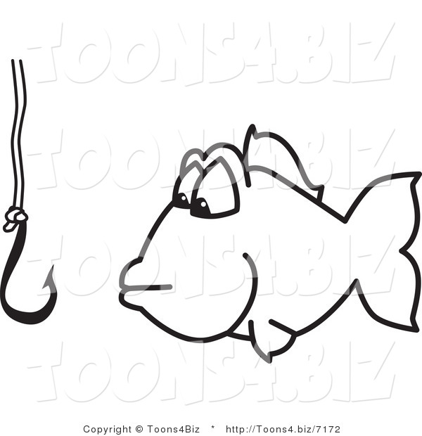 Vector Illustration of an Outlined Cartoon Fish Looking at an Unbaited Hook
