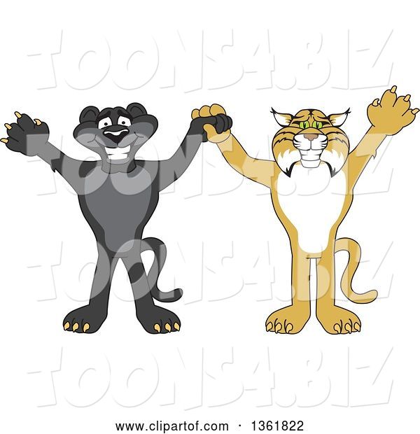 Vector Illustration of Black Panther and Bobcat School Mascots Holding Hands and Cheering, Symbolizing Sportsmanship