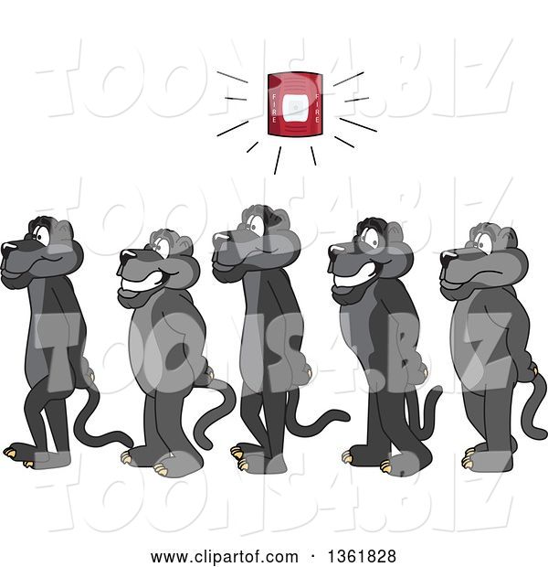Vector Illustration of Black Panther School Mascots in Line During a Fire Drill, Symbolizing Safety