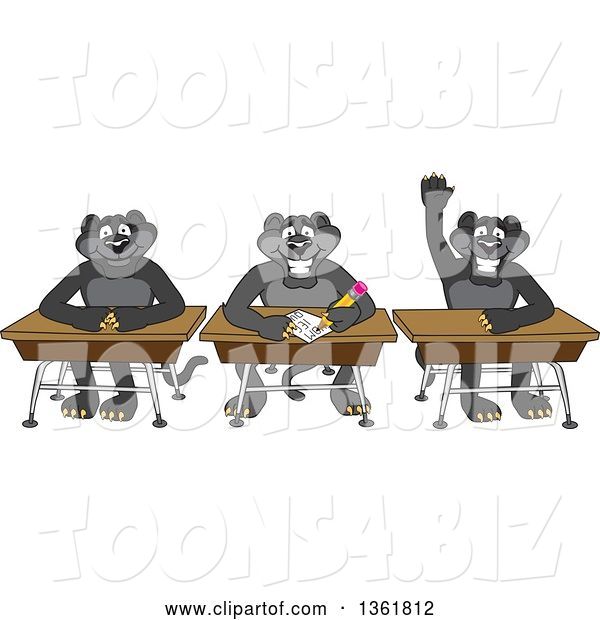 Vector Illustration of Black Panther School Mascots Sitting at Desks, One Raising His Hand, Symbolizing Respect