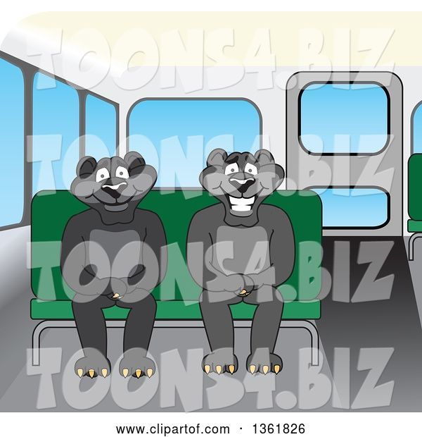 Vector Illustration of Black Panther School Mascots Sitting on a Bus Bench, Symbolizing Safety