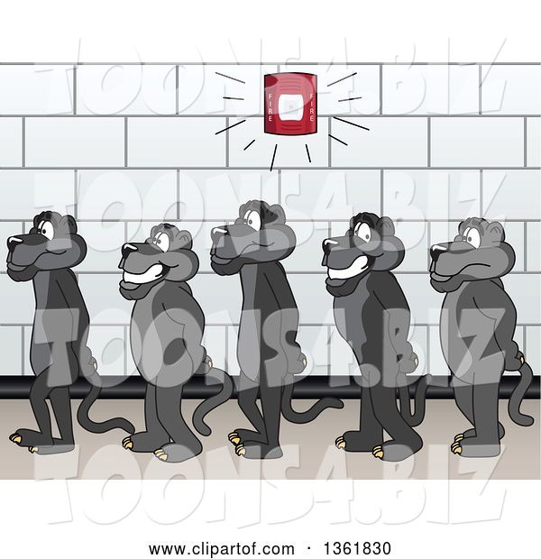 Vector Illustration of Black Panther School Mascots Standing in Line During a Fire Drill, Symbolizing Safety