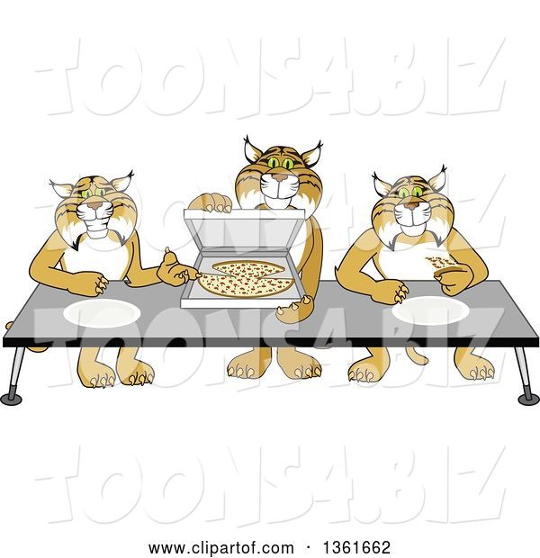 Vector Illustration of Cartoon Bobcat Mascots Offering Pizza, Symbolizing Gratitude