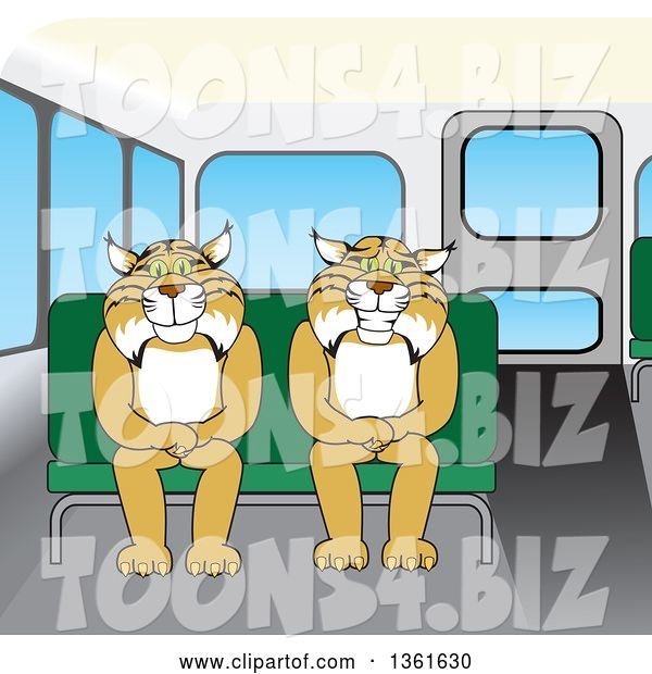 Vector Illustration of Cartoon Bobcat Mascots Sitting on a Bus Seat, Symbolizing Safety