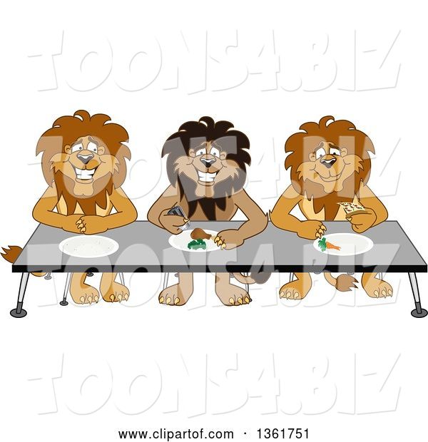 Vector Illustration of Cartoon Lion Mascots Eating Together, Symbolizing Respect