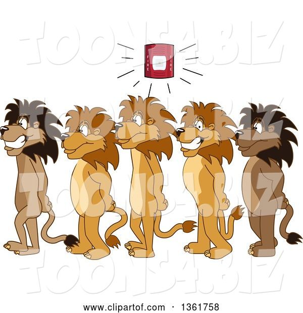 Vector Illustration of Cartoon Lion Mascots in Line During a Fire Drill in a Hallway, Symbolizing Safety