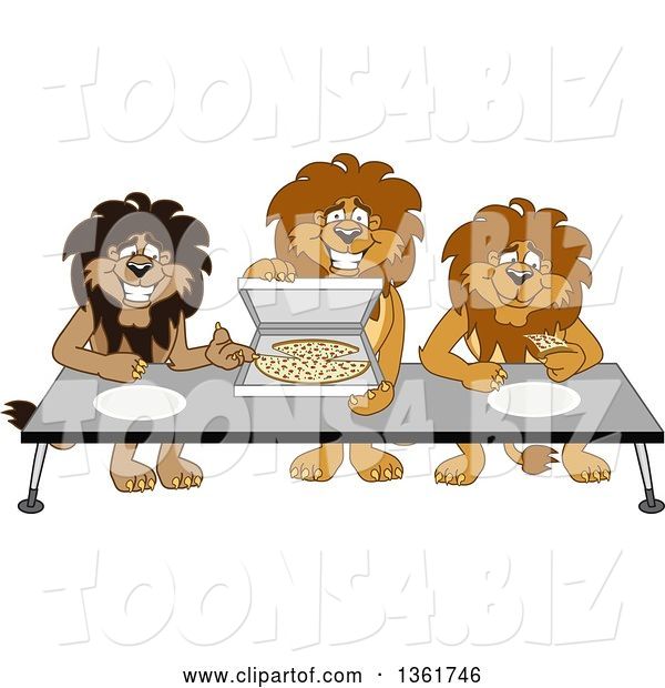 Vector Illustration of Cartoon Lion Mascots Offering Pizza, Symbolizing Gratitude