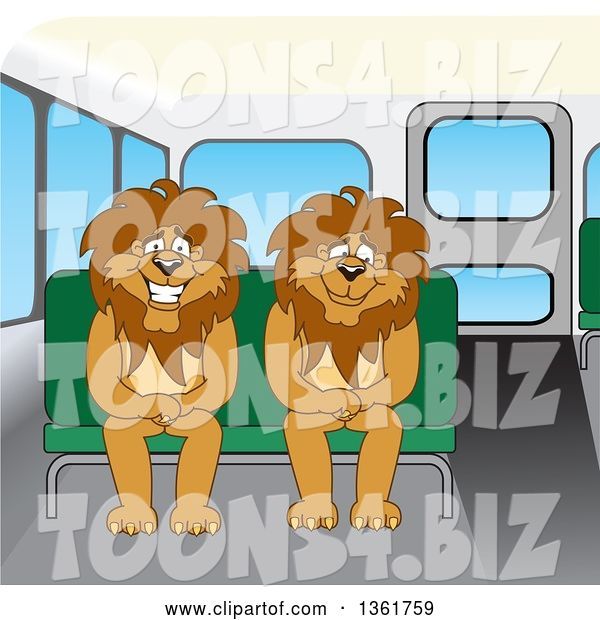 Vector Illustration of Cartoon Lion Mascots Sitting on a Bus Bench, Symbolizing Safety
