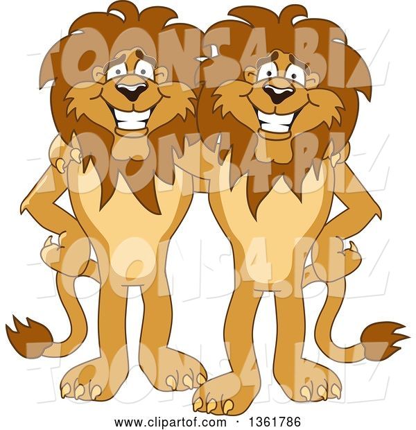 Vector Illustration of Cartoon Lion Mascots Standing and Embracing, Symbolizing Loyalty