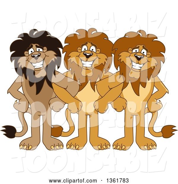 Vector Illustration of Cartoon Lion Mascots Standing with Linked Arms, Symbolizing Loyalty