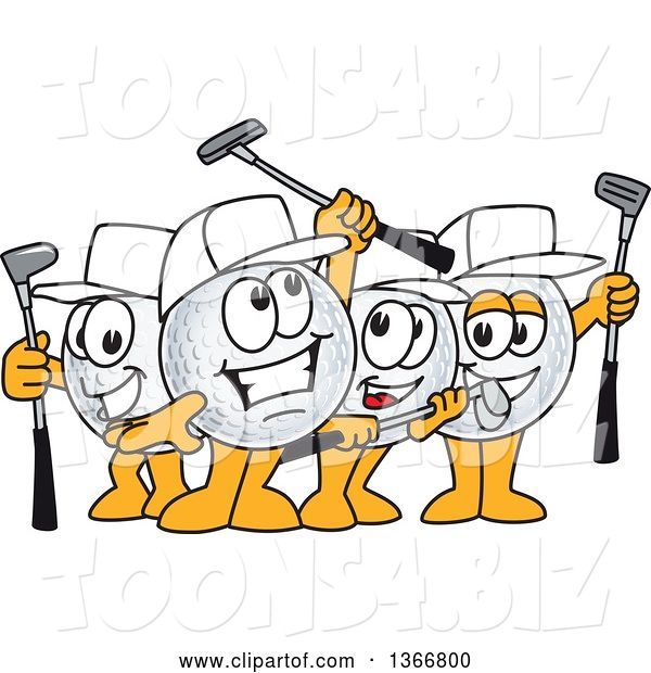 Vector Illustration of Cartoon Team of Golf Ball Sports Mascot Winners Cheering and Holding Clubs