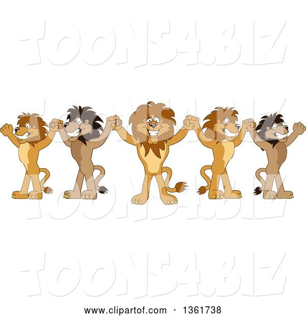 Vector Illustration of Cartoon Team of Lion Mascots Cheering and Holding up Hands, Symbolizing Leadership