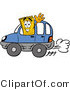 Illustration of a Cartoon Admission Ticket Mascot Driving a Blue Car and Waving by Mascot Junction