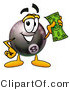 Illustration of a Cartoon Billiard 8 Ball Masco Holding a Dollar Bill by Mascot Junction