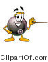 Illustration of a Cartoon Billiard 8 Ball Masco Holding a Pointer Stick by Mascot Junction