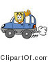 Illustration of a Cartoon Broom Mascot Driving a Blue Car and Waving by Mascot Junction