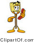 Illustration of a Cartoon Broom Mascot Holding a Telephone by Mascot Junction