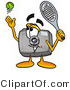 Illustration of a Cartoon Camera Mascot Preparing to Hit a Tennis Ball by Mascot Junction