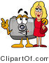 Illustration of a Cartoon Camera Mascot Talking to a Pretty Blond Woman by Mascot Junction
