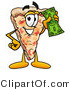 Illustration of a Cartoon Cheese Pizza Mascot Holding a Dollar Bill by Mascot Junction