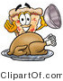 Illustration of a Cartoon Cheese Pizza Mascot Serving a Thanksgiving Turkey on a Platter by Mascot Junction