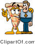 Illustration of a Cartoon Cheese Pizza Mascot Talking to a Business Man by Mascot Junction