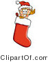 Illustration of a Cartoon Cheese Pizza Mascot Wearing a Santa Hat Inside a Red Christmas Stocking by Mascot Junction