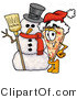 Illustration of a Cartoon Cheese Pizza Mascot with a Snowman on Christmas by Mascot Junction